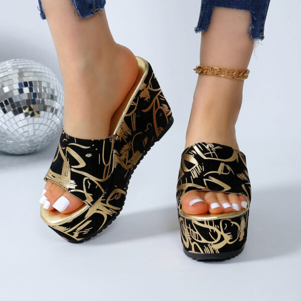 Round Toe Wedge Printed Slippers - Image 2