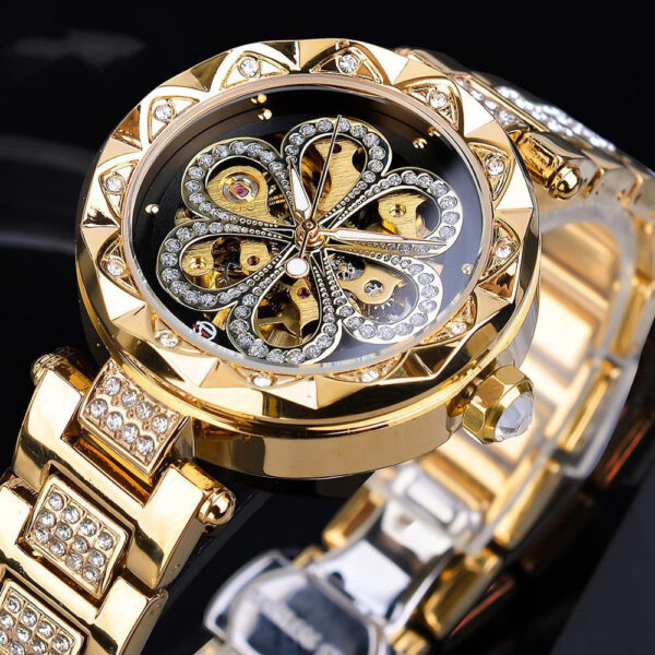 Forsining Mechanical Automatic Ladies Watches Top Brand Luxury Rhinestone Female Wrist Watches Rose Gold Stainless Steel Clock - Image 2