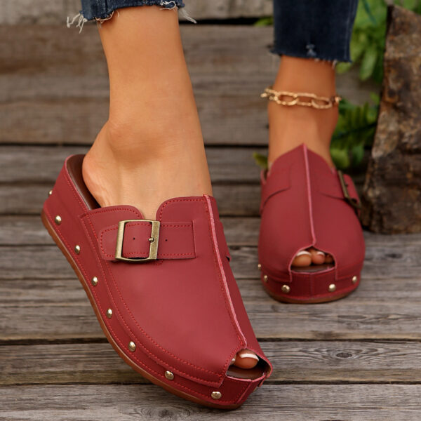 Summer Fish Mouth Wedges Sandals With Rivet Buckle Design Fashion Thick Bottom Slippers For Women Outdoor Non-slip Slides - Image 7