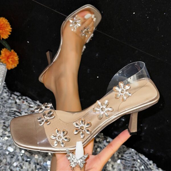 New Sandals For Women Summer Transparent PVC Rhinestone Flowers Slingback Pumps Elegant Square Toe Female Sexy High Heels - Image 7