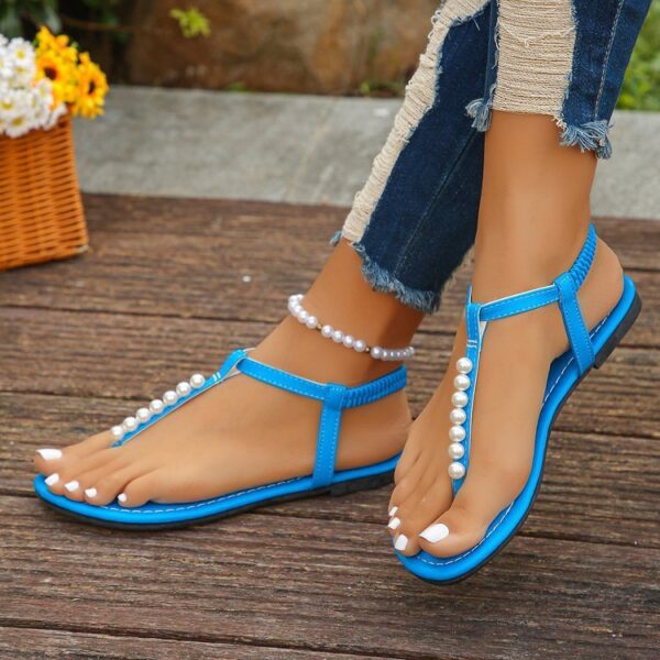Pearl Thong Sandals Summer Fashion T-Strap Flat Sandals With Elastic Band Beach Shoes For Women - Image 10