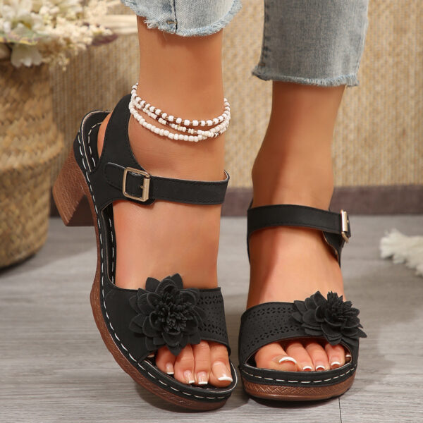 Women's Flowers Chunky Heel Sandals Summer Plus Size Platform Shoes - Image 7