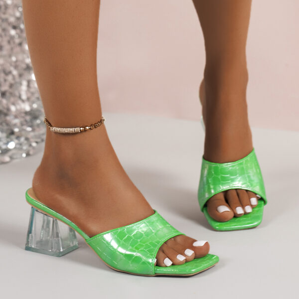 Square-toed High-heeled Slides Slippers Summer Fashion Transparent Crystal Square-heeled Sandals For Women Shoes - Image 8