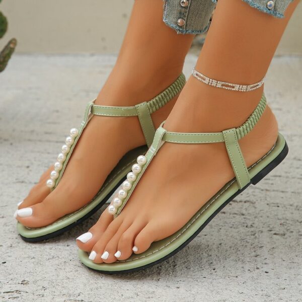 Pearl Thong Sandals Summer Fashion T-Strap Flat Sandals With Elastic Band Beach Shoes For Women - Image 3
