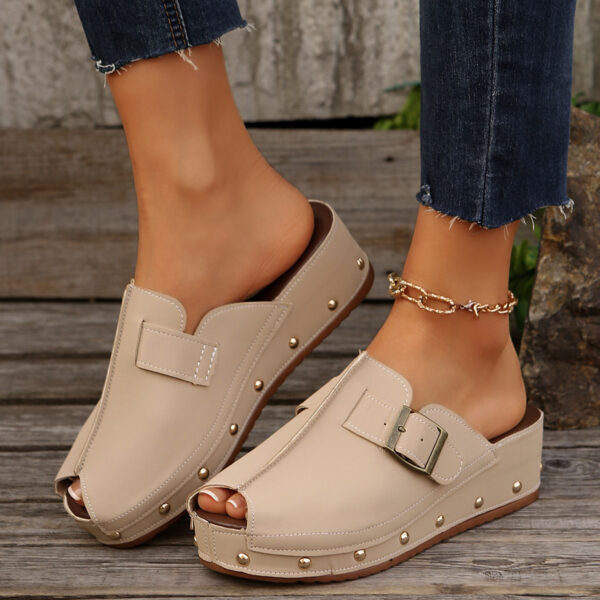 Summer Fish Mouth Wedges Sandals With Rivet Buckle Design Fashion Thick Bottom Slippers For Women Outdoor Non-slip Slides - Image 9
