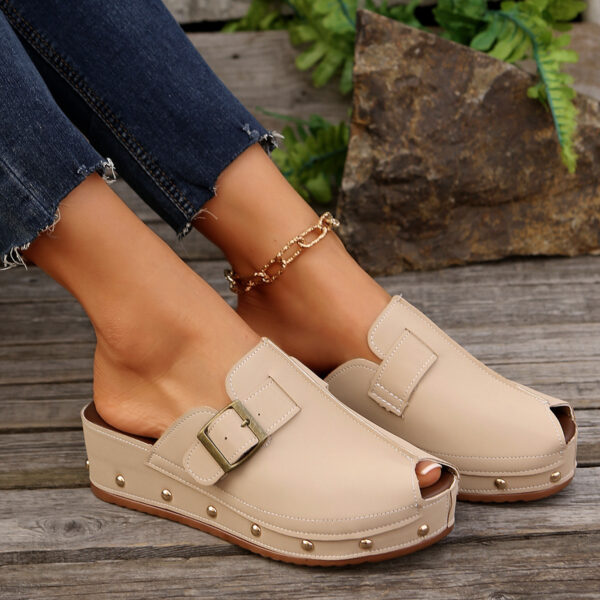 Summer Fish Mouth Wedges Sandals With Rivet Buckle Design Fashion Thick Bottom Slippers For Women Outdoor Non-slip Slides - Image 3