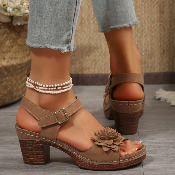 Women's Flowers Chunky Heel Sandals Summer Plus Size Platform Shoes - Image 2