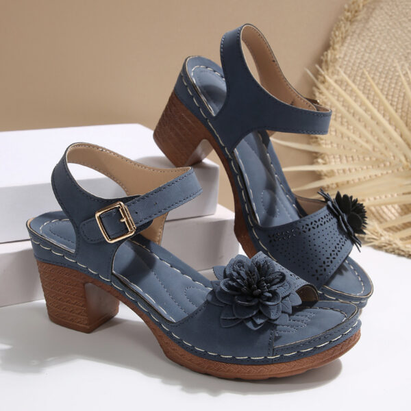 Women's Flowers Chunky Heel Sandals Summer Plus Size Platform Shoes - Image 4